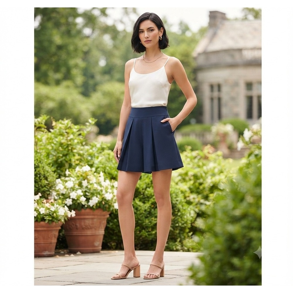 Milly Navy Blue Dressy Skort Large Pleats Side Zip Pockets Navy Blue Small